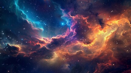 A photograph of a mesmerizing universe scene, vibrant nebulae spreading across the sky, stars twinkling brightly, viewed from a distant spaceship