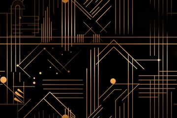 Gold lines and geometric shapes on a black background seamless pattern