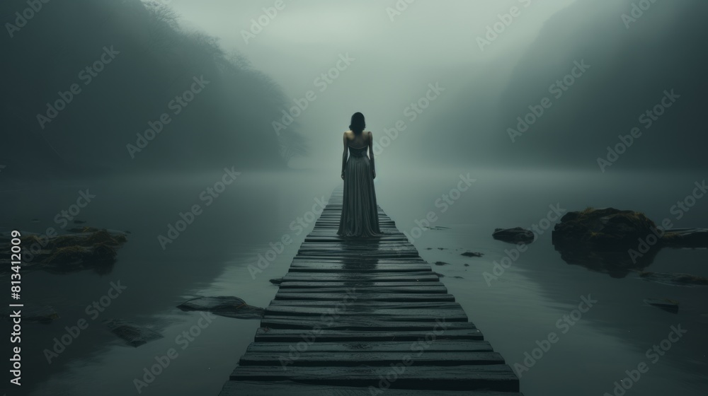 Poster generative ai a lone figure standing on a mist-covered, melancholic dock. moody atmosphere, misty en