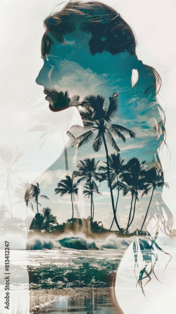 Poster a double exposure showcasing a womans face overlaying palm trees in the background. the blend of hum