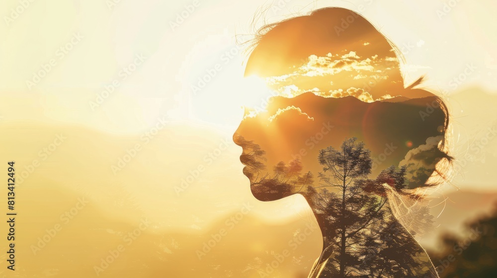 Poster a womans face is illuminated by the glowing sun behind her, creating a striking silhouette. the suns