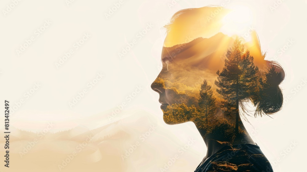 Aufkleber a womans face is pictured in the foreground, with trees and mountains visible in the background. the