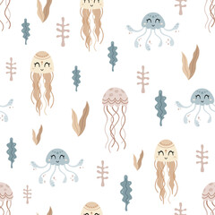 Sea seamless pattern with jellyfish and seaweed in flat style. Ocean digital paper. Nautical scrapbooking, background, print. Hand drawn vector pattern