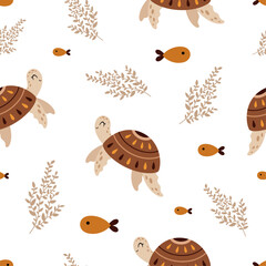 Sea seamless pattern with sea ​​turtle, fish, seaweed in flat style. Ocean digital paper. Nautical scrapbooking, background, print. Hand drawn vector pattern