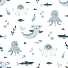 Sea seamless pattern with octopus, jellyfish, hammerhead shark, fish, seaweed in flat style. Ocean digital paper. Nautical scrapbooking, background, print. Hand drawn vector pattern