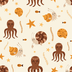 Sea seamless pattern with octopus, hermit crab, seashell, starfish, fish, seaweed in flat style. Ocean digital paper. Nautical scrapbooking, background, print. Hand drawn vector pattern