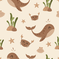 Sea seamless pattern with whale, crab, starfish, seaweed in flat style. Ocean digital paper. Nautical scrapbooking, background, print. Hand drawn vector pattern