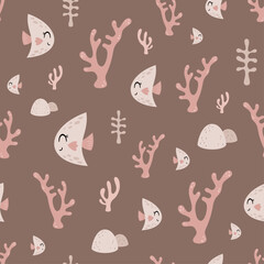 Fish seamless pattern in flat style. Sea digital paper. Ocean scrapbooking paper, decor, background, print. Hand drawn vector pattern