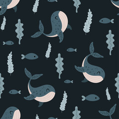 Sea seamless pattern with whale, fish, seaweed in flat style. Ocean digital paper. Nautical scrapbooking, background, print. Hand drawn vector pattern