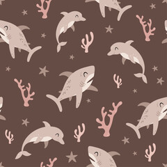 Sea seamless pattern with shark, dolphin, seaweed in flat style. Ocean digital paper. Nautical scrapbooking, background, print. Hand drawn vector pattern