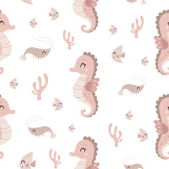 Sea seamless pattern with seahorse, shrimp, fish, seaweed in flat style. Ocean digital paper. Nautical scrapbooking, background, print. Hand drawn vector pattern