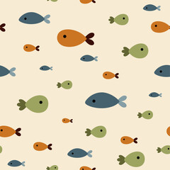 Fish seamless pattern in flat style. Sea digital paper. Ocean scrapbooking paper, decor, background, print. Hand drawn vector pattern