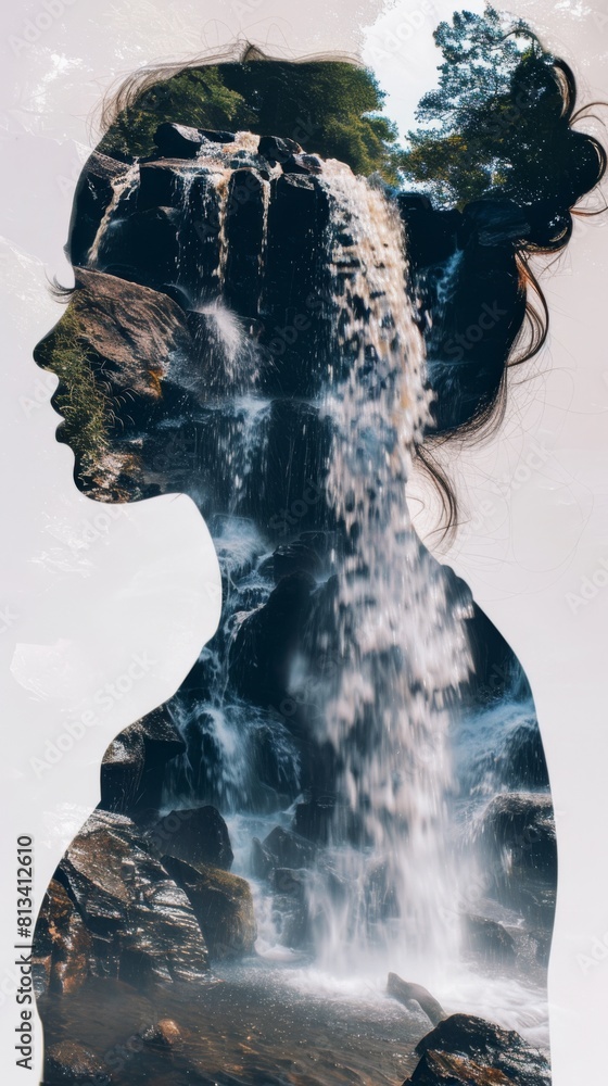 Poster A womans side profile is depicted against the backdrop of a cascading waterfall. The womans features are highlighted as she gazes at the natural wonder in the distance.