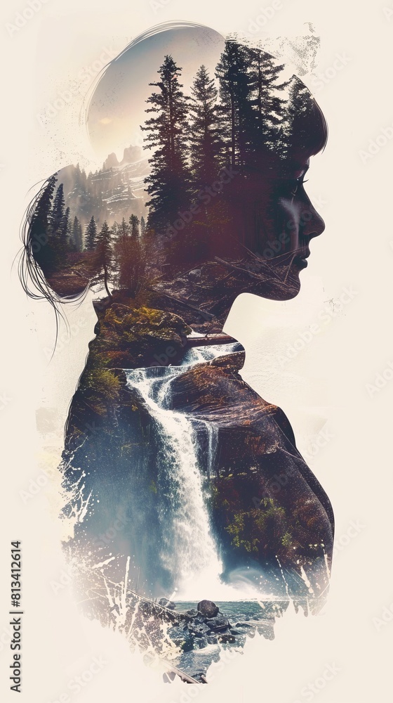 Poster a close-up of a womans face with a majestic waterfall in the background. the womans features are in 