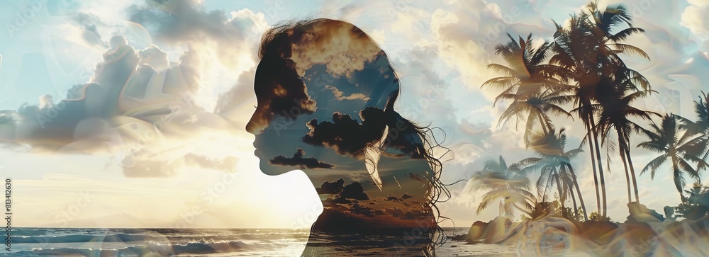 Poster A double exposure showcasing a womans face reflected in the rippling water, creating a surreal and artistic visual effect. The image captures the merging of the womans features with the fluidity of th