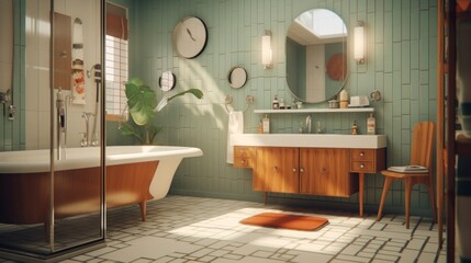 Generative AI A mid-century modern bathroom with retro fixtures, geometric patterns, and teak wood accents.