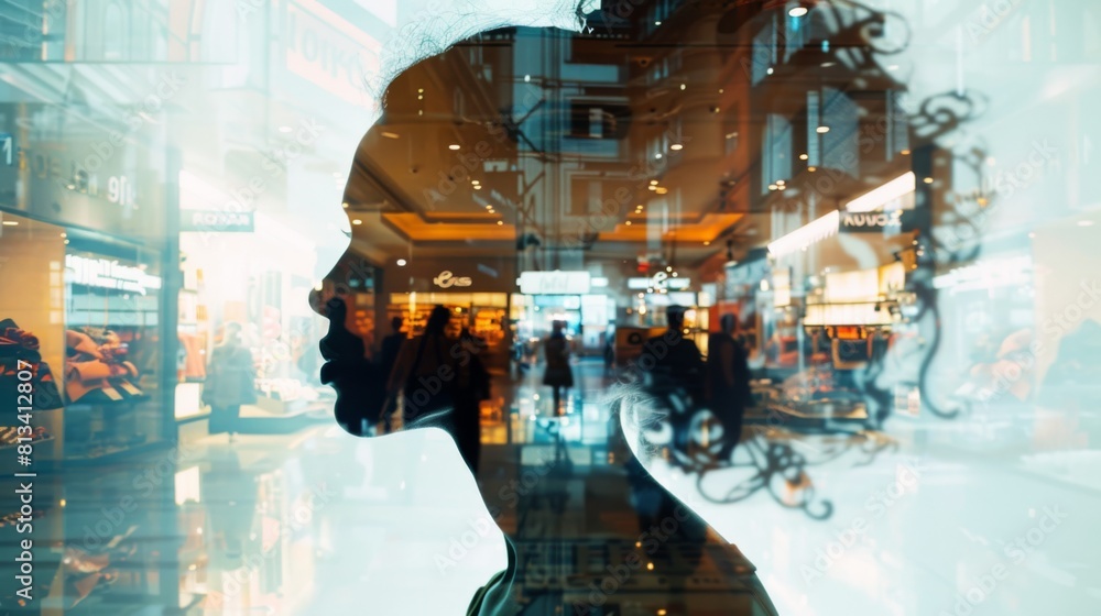 Poster A womans face is reflected in a window, creating a double exposure effect. Her features are clear against the glass, with buildings visible in the background.