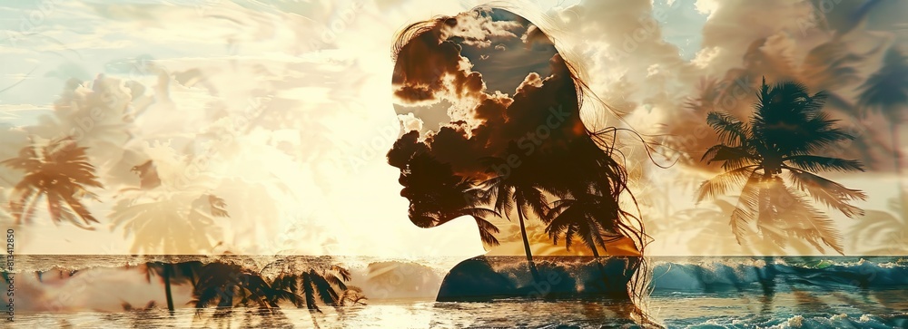 Poster a digital painting showcasing a womans head partially immersed in water, creating a striking double 