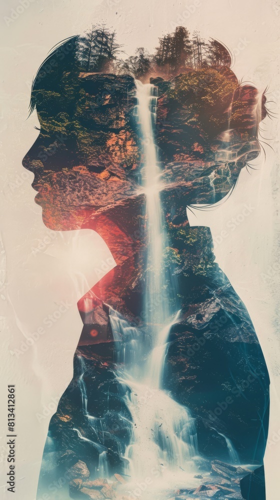 Poster a side profile view of a woman with long hair, looking towards a powerful waterfall cascading down r