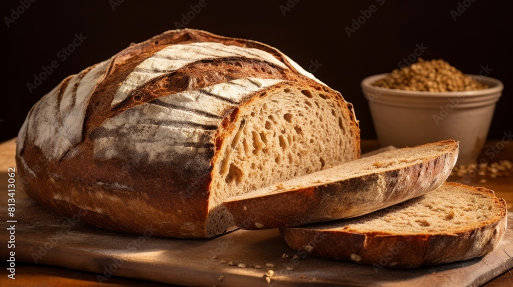Poster generative ai crusty whole grain artisan bread, depicting the art of baking with detailed scoring an