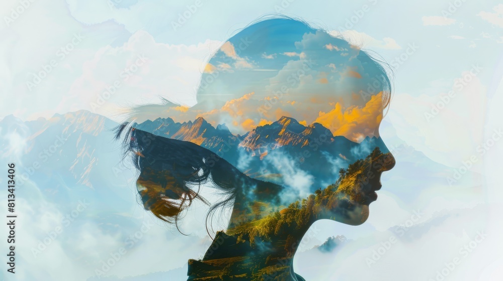 Poster A double exposure showing a womans face superimposed with a mountainous landscape in the background. The womans features blend seamlessly with the rugged outlines of the mountains.