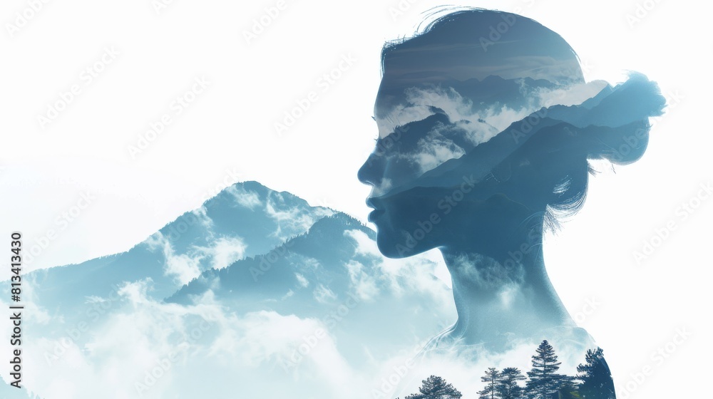 Poster a profile view of a woman with a majestic mountain in the background. the womans silhouette stands o