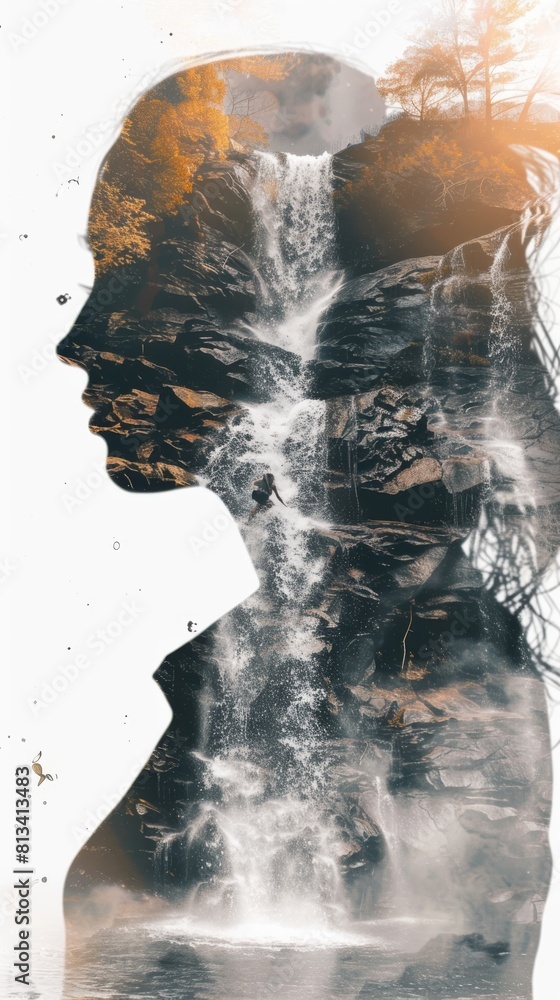 Poster A womans face is overlaid with the majestic cascade of a waterfall in the background, creating a striking double exposure effect. The two elements blend seamlessly, showcasing natures beauty alongside