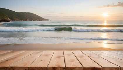 a blank wooden table set against the backdrop of gentle waves and a serene sea, ideal for promoting coastal-inspired decor or seaside dining experiences, Ai generative 