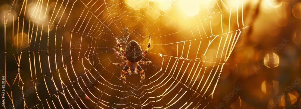 Aufkleber A detailed view of a spiders web with intricate patterns, illuminated by the sun in the background. The delicate strands of the web glisten in the sunlight, creating a captivating natural scene.