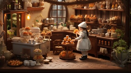Fototapeta premium Generative AI Detailed miniature figurines preparing maple-infused pastries and desserts in a whimsical cottagepunk kitchen