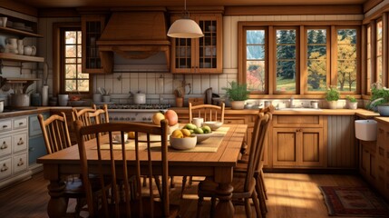 Fototapeta premium Generative AI Detailed photorealism capturing a cozy farmhouse kitchen with rustic wooden cabinets and a large family dining table. photorealistic