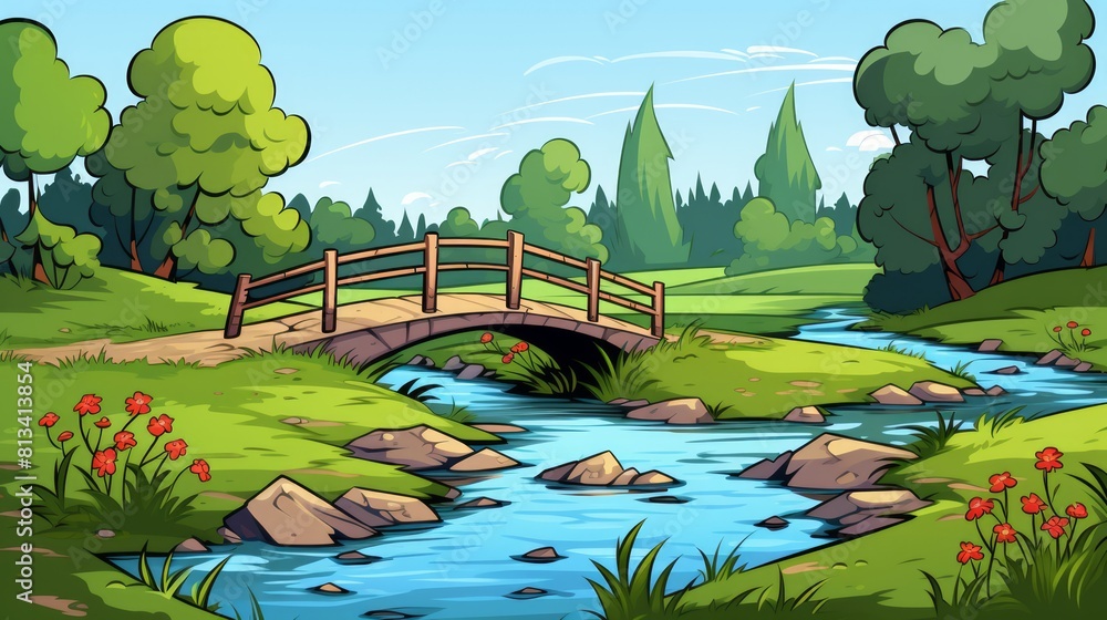 Poster generative ai a picturesque countryside scene with a small bridge over a stream.