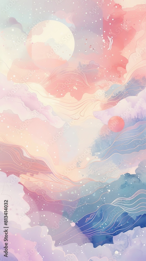 Poster A colorful painting of a sky with clouds and a moon. The sky is filled with different shades of pink and blue, creating a dreamy and whimsical atmosphere. The clouds are fluffy