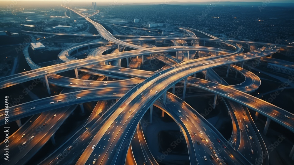 Poster Generative AI Drone footage illustrating a highway cloverstack interchange with its distinct looping ramps.