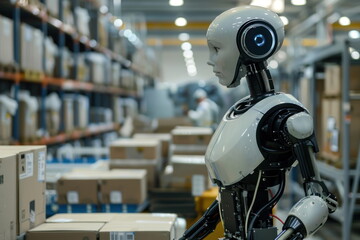 Fototapeta premium Robot human working in factory transport, artificial intelligence humanoid