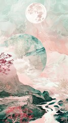 Fototapeta premium A painting of a mountain range with a pink moon in the sky. The painting has a dreamy, ethereal quality to it, with the mountains and the moon creating a sense of wonder and awe. The colors are soft