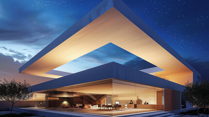 Fototapeta premium Minimalist cubic house with a panoramic skylight that spans the entire roof, offering views of the night sky.
