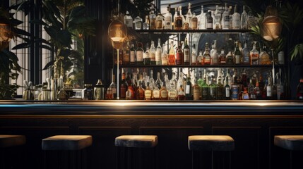 Generative AI Elegant bar area featuring a variety of premium drinks and cocktails.