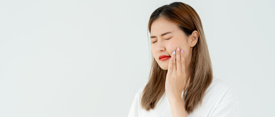 Asian woman feel toothache from gingivitis, female suffer tooth, decay problems, dental care....