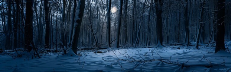 A dark forest covered in snow, creating a striking contrast between the white ground and the black trees. The snow appears undisturbed, with no visible footprints or wildlife in sight. - Powered by Adobe
