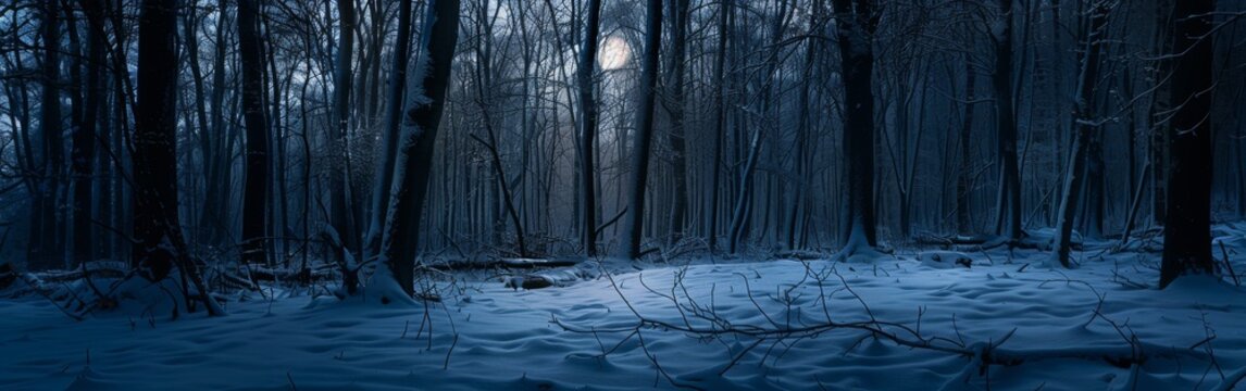 A dark forest covered in snow, creating a striking contrast between the white ground and the black trees. The snow appears undisturbed, with no visible footprints or wildlife in sight.