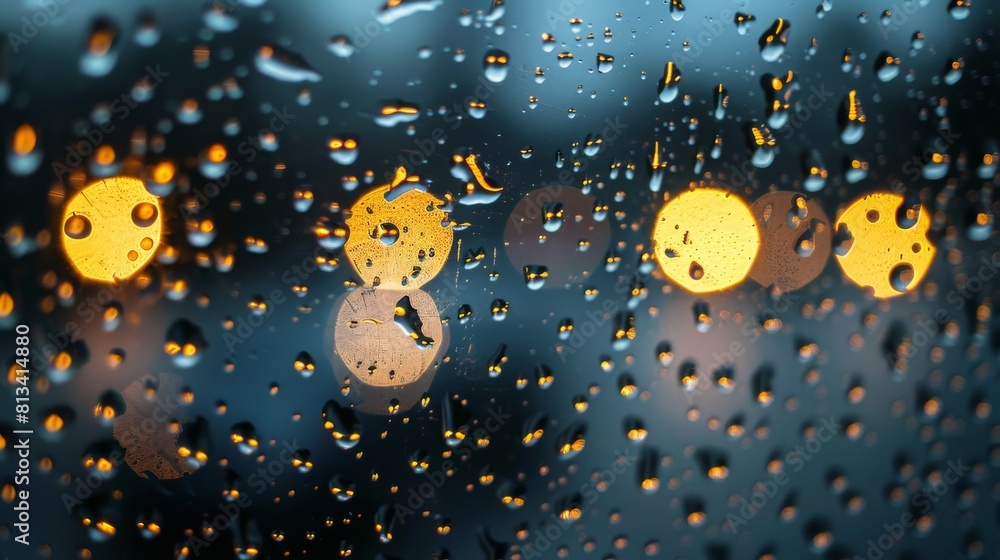 Poster rain drops are visible on a window, with yellow lights shining through. the contrast between the dar