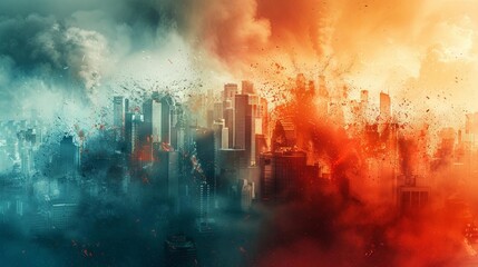 Obraz premium Dramatic cityscape explosion in a blend of red and blue hues, symbolizing urban chaos and transformation.