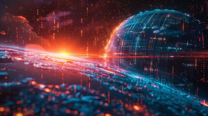 Obraz premium An illuminated digital globe displays intricate network patterns, showcasing a fusion of technology and global connectivity in a dynamic red and blue background.