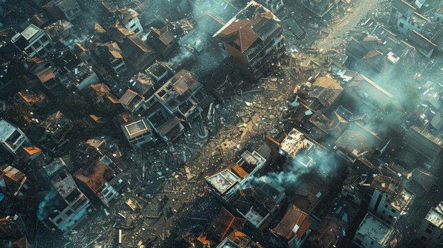 Global catastrophe top view visualizing disaster aftermath digital tone Tetradic color scheme