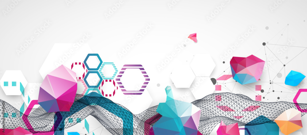 Aufkleber Abstract wave with colorful hexagons and plexus effect. Scientific and technological background. Vector.