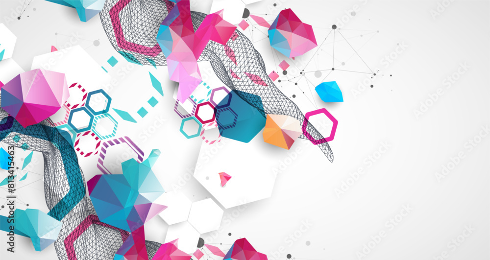 Poster Abstract wave with colorful hexagons and plexus effect. Scientific and technological background. Vector.