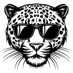Obraz premium Cool Leopard wearing sunglass black silhouette logo svg vector, Leopard icon illustration