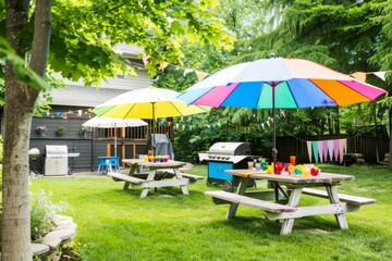 A backyard barbecue party complete with a grill, picnic tables, and colorful umbrellas, setting the scene for a festive gathering, Generative AI