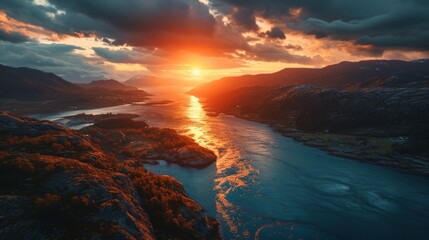 Generative AI Fjord silhouette, drone's vantage, fading sunlight, coastal charm, detailed and vivid sunset at Norwegian fjords
